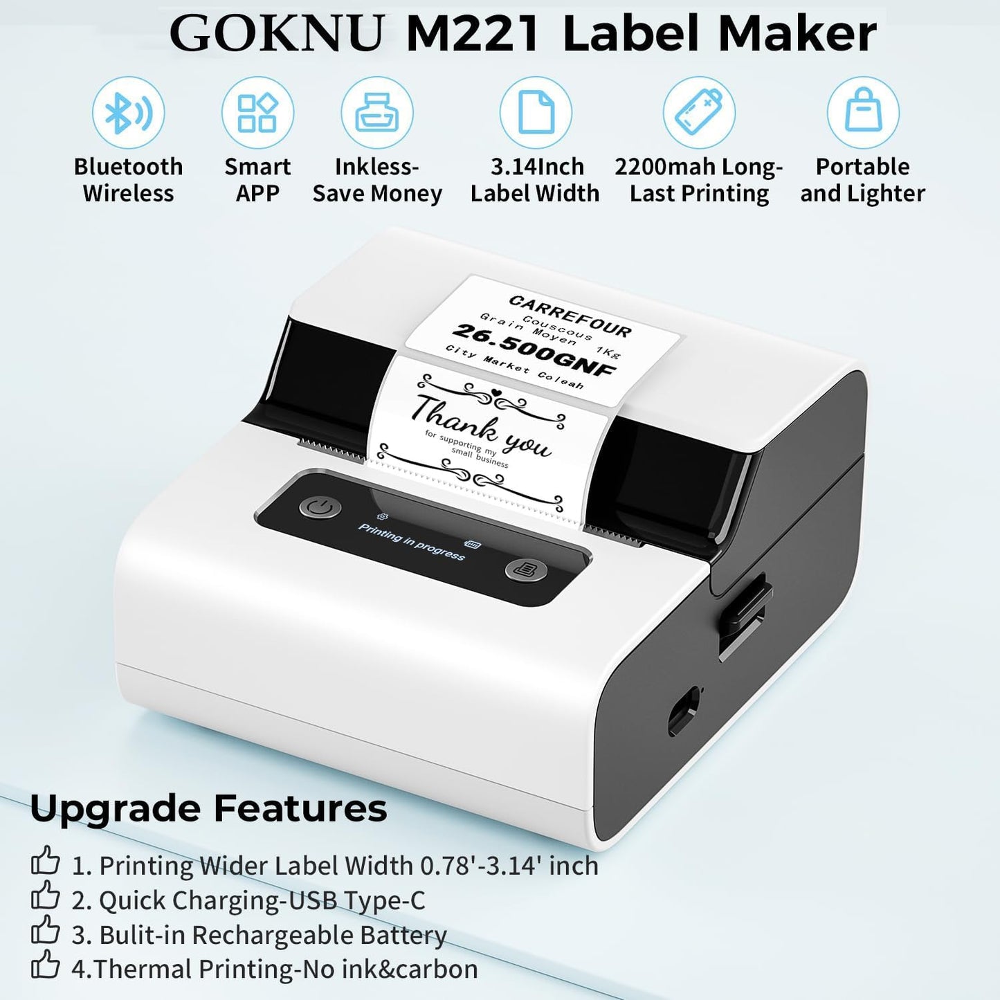 Goknu M221 Address Label Maker, Barcode Label Printer, Bluetooth Thermal Label Printer for Address, Small Business, Crafts, Clothing, Easy to Intall, with 3 Roll Paper Set