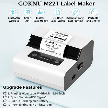 Goknu M221 Address Label Maker, Barcode Label Printer, Bluetooth Thermal Label Printer for Address, Small Business, Crafts, Clothing, Easy to Intall, with 3 Roll Paper Set