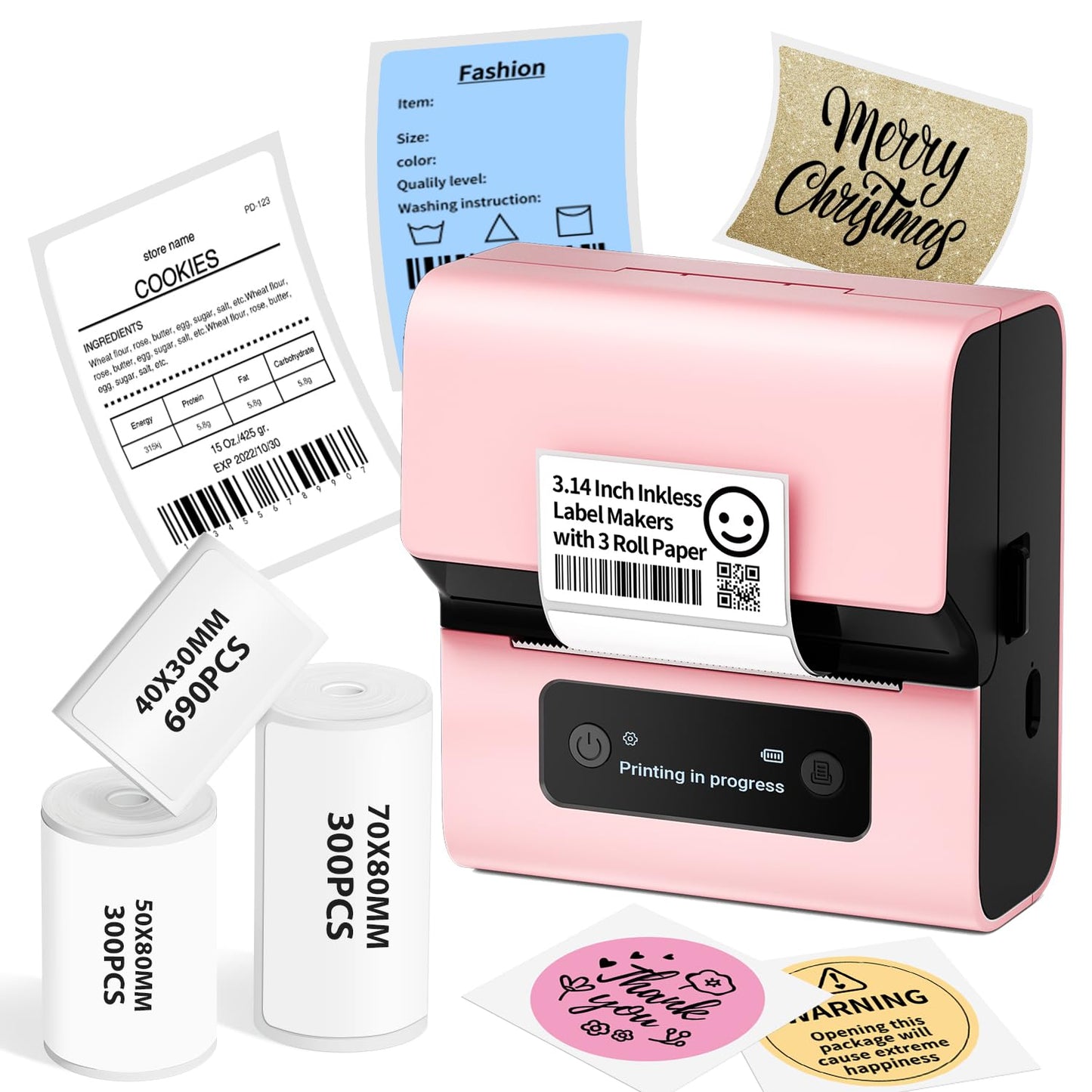 M221 Label Maker -3Inch Pink Label Maker, Upgrade Portable Bluetooth Thermal Label Printer for Small Business, Crafts, Clothing, Food Ingredient, Easy to Intall, for Phone&PC, with 3 Roll Paper Set