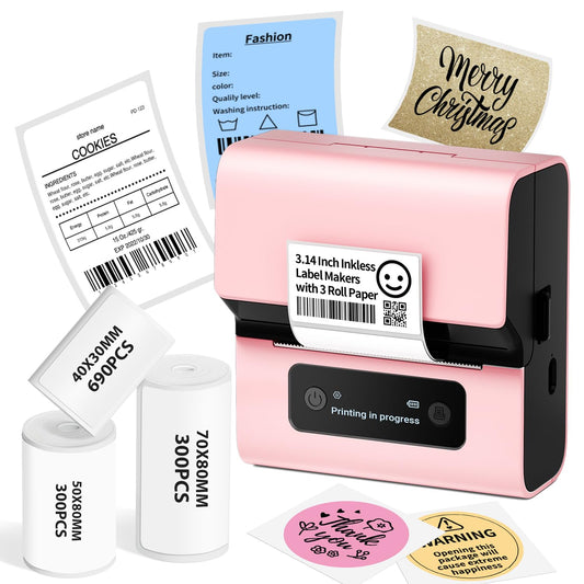 M221 Label Maker -3Inch Pink Label Maker, Upgrade Portable Bluetooth Thermal Label Printer for Small Business, Crafts, Clothing, Food Ingredient, Easy to Intall, for Phone&PC, with 3 Roll Paper Set