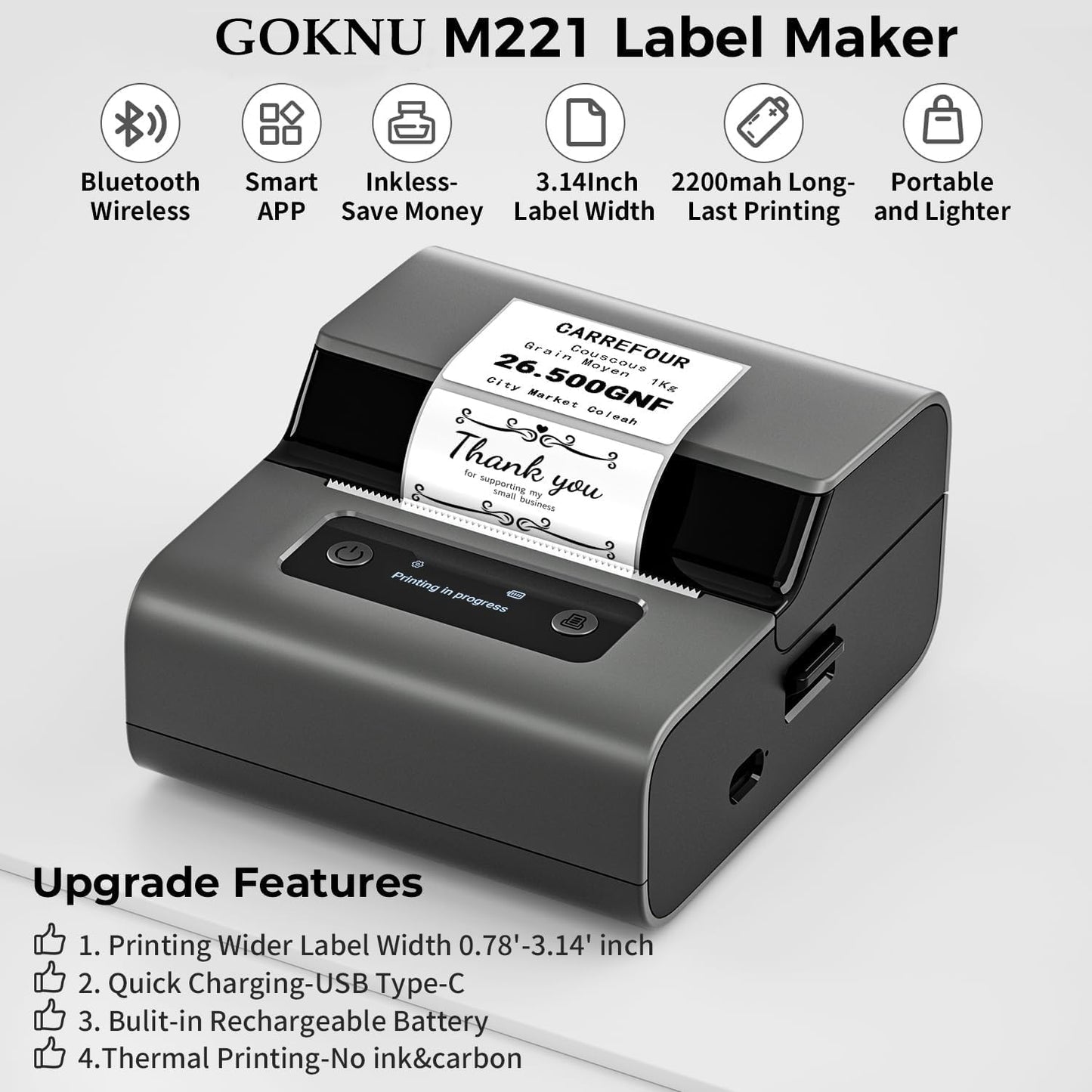 Goknu M221 Label Maker -Upgrade 3Inch Address Label Maker, Barcode Label Printer, Bluetooth Thermal Label Printer for Small Business, Mailing, Crafts, for Phone&PC, with 3 Roll Paper Set