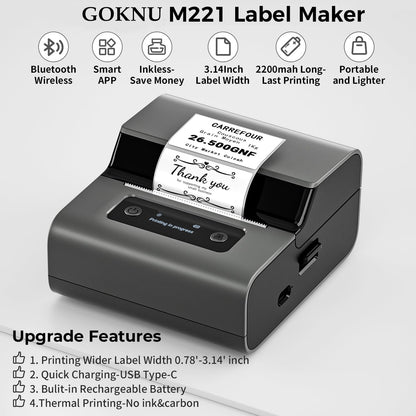 Goknu M221 Label Maker -Upgrade 3Inch Address Label Maker, Barcode Label Printer, Bluetooth Thermal Label Printer for Small Business, Mailing, Crafts, for Phone&PC, with 3 Roll Paper Set