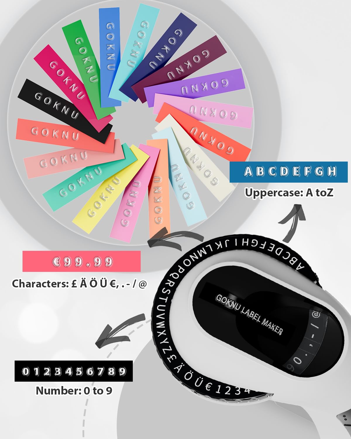 Goknu E975 Étiqueteuse à gaufrer avec 6 rubans d'étiquette, imprimante d'étiquettes portable 3D, mini outil de gaufrage avec 6 rubans d'étiquettes pour le bureau, le bricolage et l'organisation - Noir