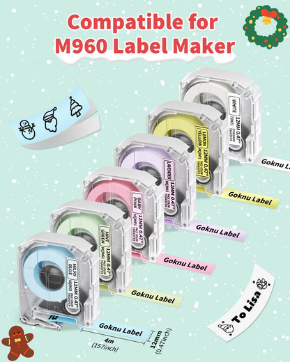 Goknu Nastro di ricambio per Brother P Touch M Tape MK221 MK 231, M960 Nastro a trasferimento termico compatibile con Brother PT-M95 PTM95 PT-70BM PT-65 Label Maker, 12 mm x 4 m Nero su 6 colori