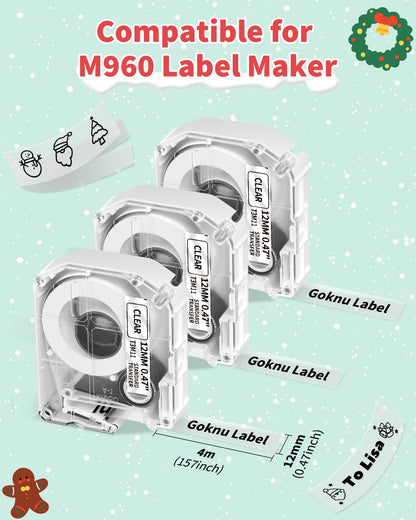 Goknu Nastro di ricambio per Brother P Touch M Tape MK221 MK 231, M960 Nastro a trasferimento termico compatibile con Brother PT-M95 PTM95 PT-70BM Label Machine, 12 mm x 4 m nero su bianco