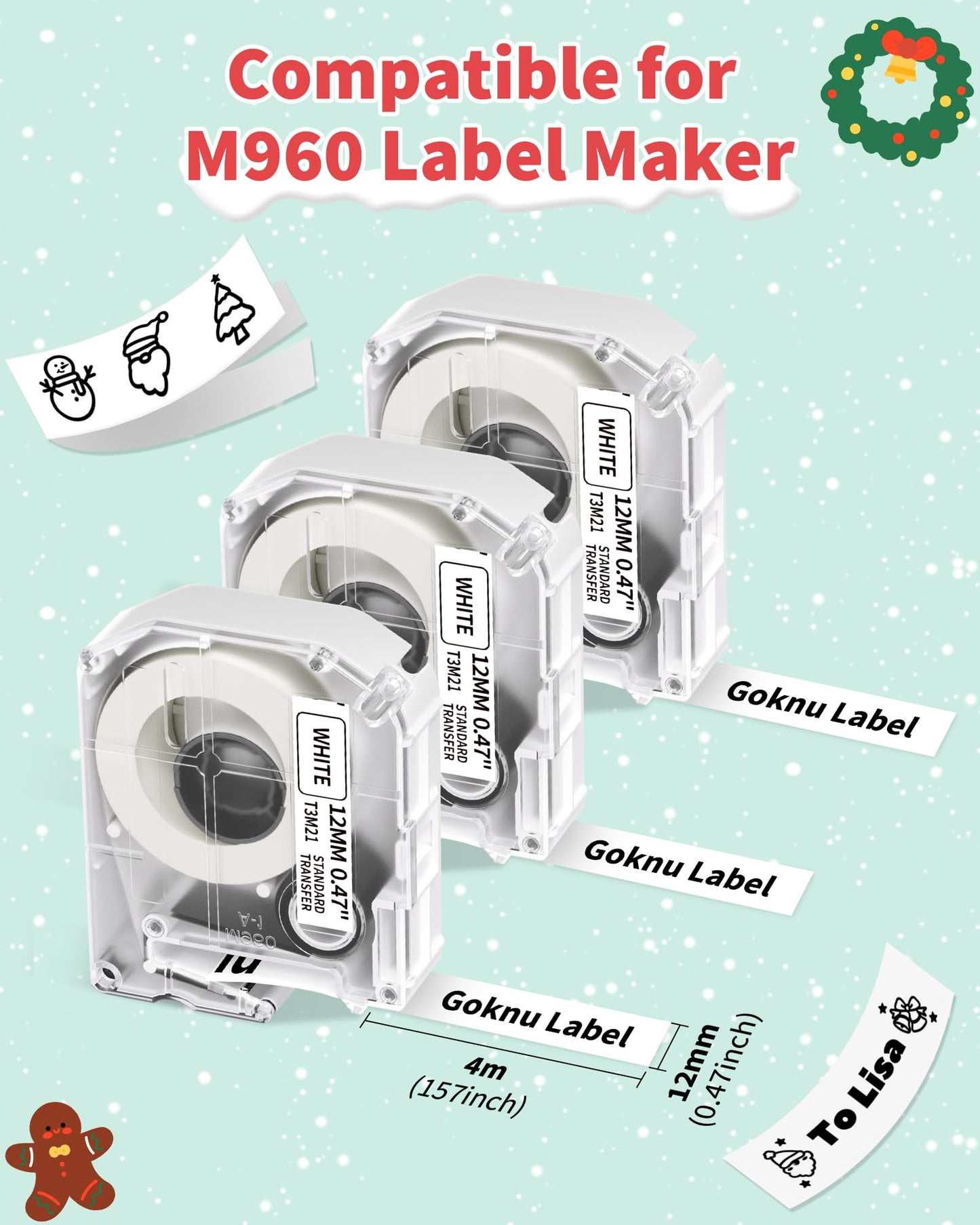 Goknu Nastro di ricambio per Brother P Touch M Tape MK221 MK 231, M960 Nastro a trasferimento termico compatibile con la stampante di etichette Brother PT-M95 PTM95, 12 mm x 4 m nero su bianco