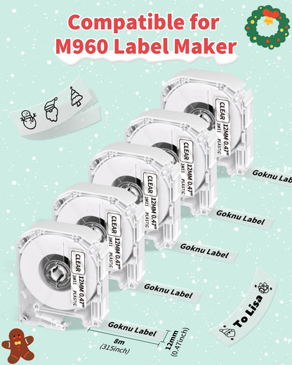 Goknu Nastro di ricambio per Brother P Touch M Tape MK221 MK 231, M960 Nastro termico compatibile con Brother PT-M95 PTM95 PT-70BM PT-65 PT-90 PT-80 PT-85 Label Machine, 12 mm x 8 m nero su bianco