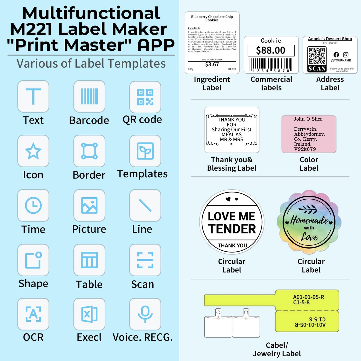 Goknu M221 Address Label Maker, Barcode Label Printer, Bluetooth Thermal Label Printer for Address, Small Business, Crafts, Clothing, Easy to Intall, with 3 Roll Paper Set