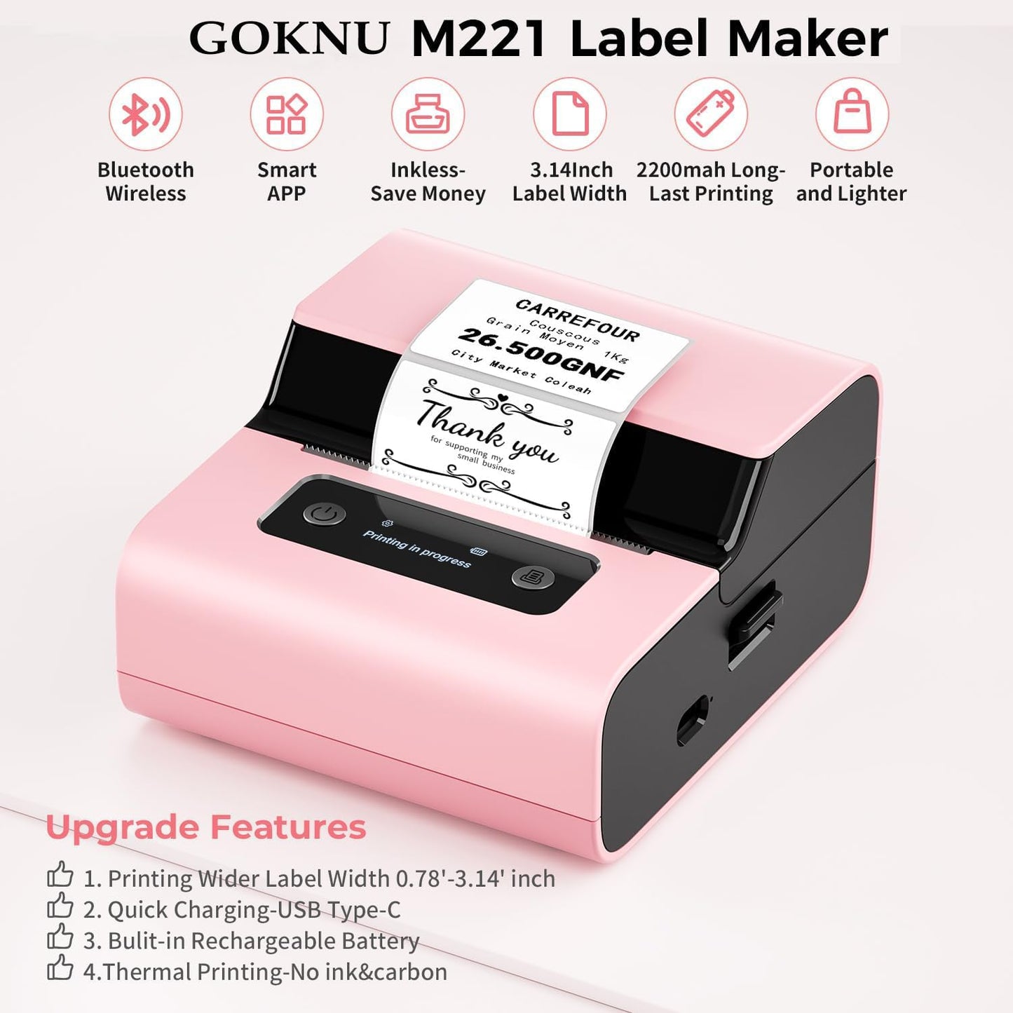 Goknu Label Maker- Pink M221 Upgrade Barcode Label Maker, Portable Bluetooth Thermal Inkless Label Printer for Small Business, Crafts, Clothing, Address, Mailing, Support Phone& PC