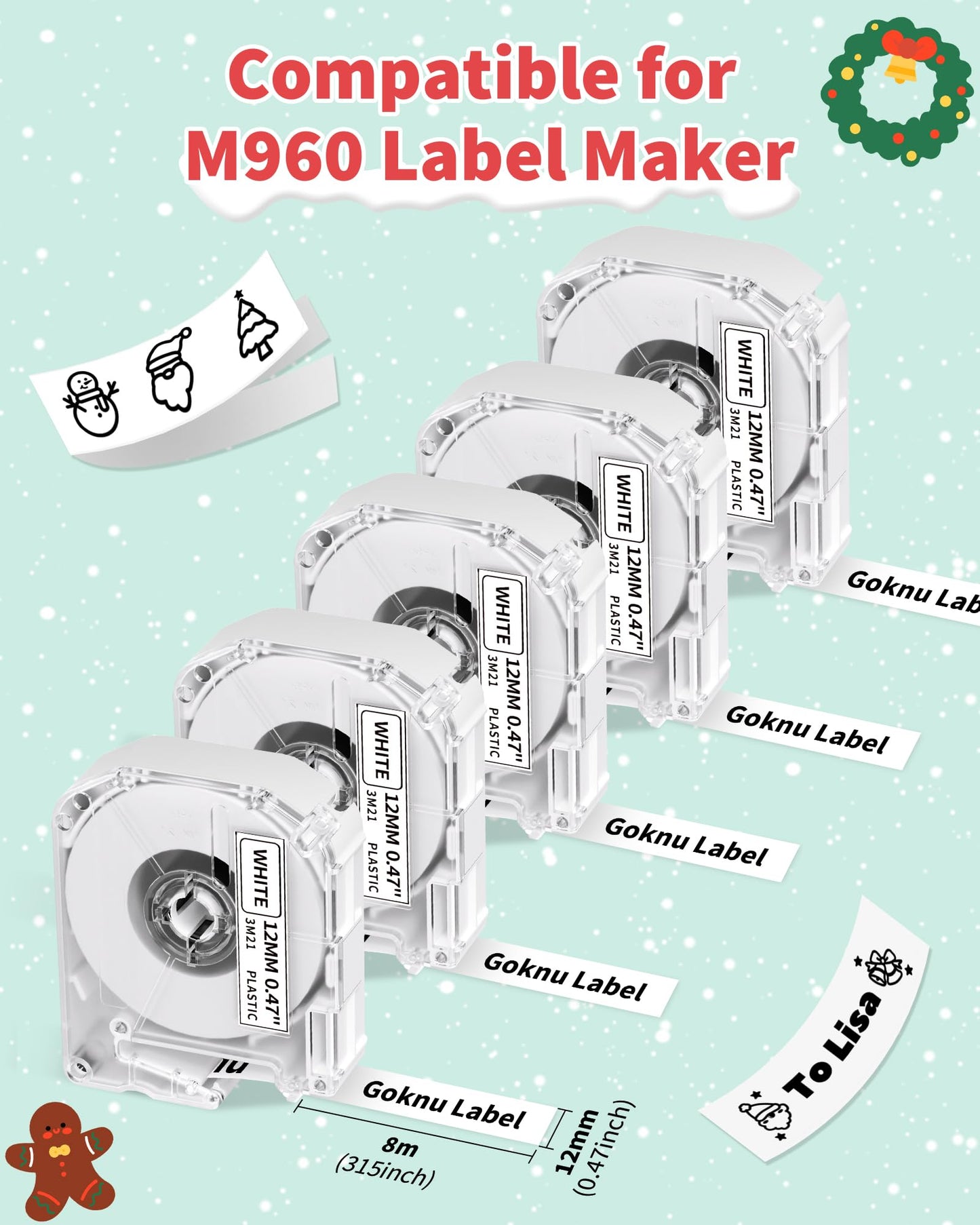 Goknu Nastro di ricambio per Brother P Touch M Tape MK221 MK 231, M960 Nastro termico compatibile con Brother PT-M95 PTM95 PT-70BM PT-65 PT-90 PT-80 PT-85 Label Maker, 12mm x 8m Nero su Bianco