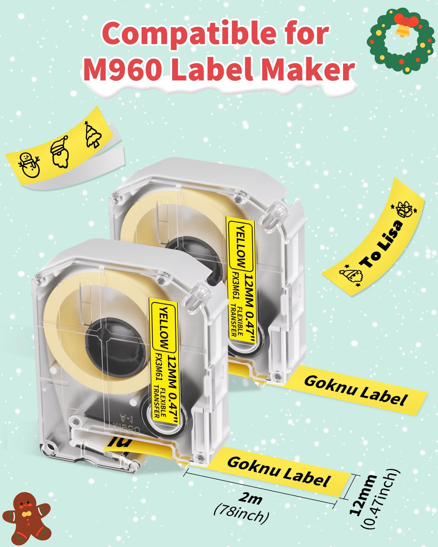 Goknu Nastro di sostituzione per Brother P Touch M Tape MK221 MK 231, M960 Nastro a cavo compatibile con Brother PT-M95 PTM95 PT-70BM PT-65 PT-90 PT-80 PT-85 Label Machine, 12mm x 2m Nero su Giallo