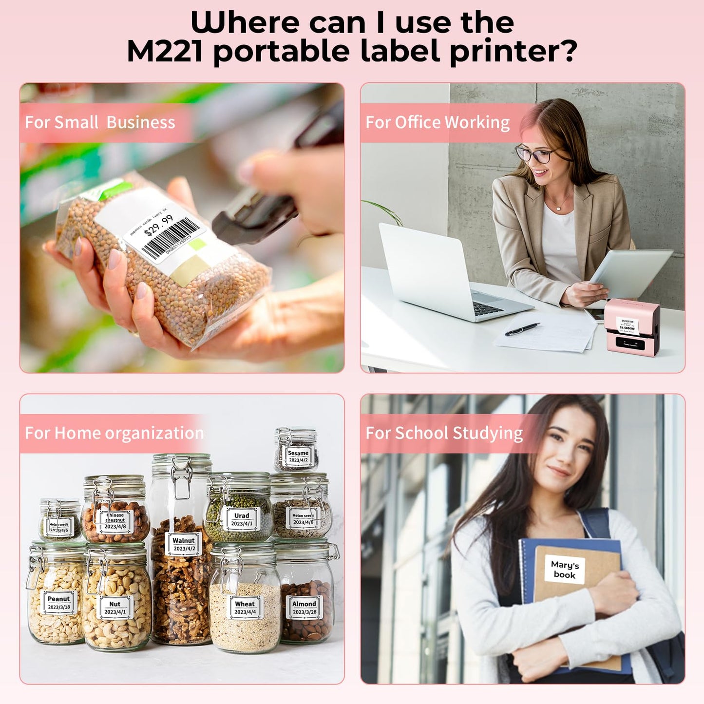 M221 Label Maker -3Inch Pink Label Maker, Upgrade Portable Bluetooth Thermal Label Printer for Small Business, Crafts, Clothing, Food Ingredient, Easy to Intall, for Phone&PC, with 3 Roll Paper Set