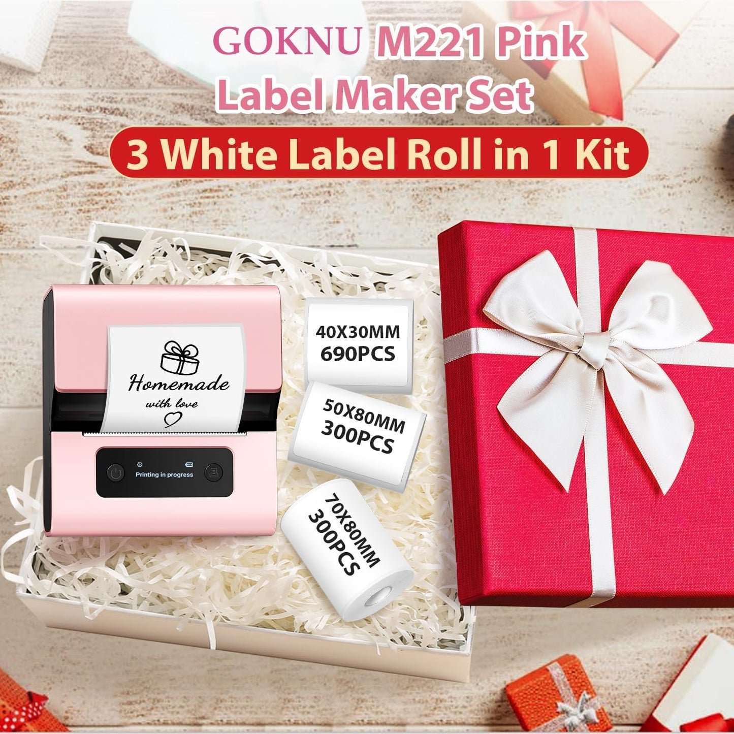 M221 Label Maker -3Inch Pink Label Maker, Upgrade Portable Bluetooth Thermal Label Printer for Small Business, Crafts, Clothing, Food Ingredient, Easy to Intall, for Phone&PC, with 3 Roll Paper Set