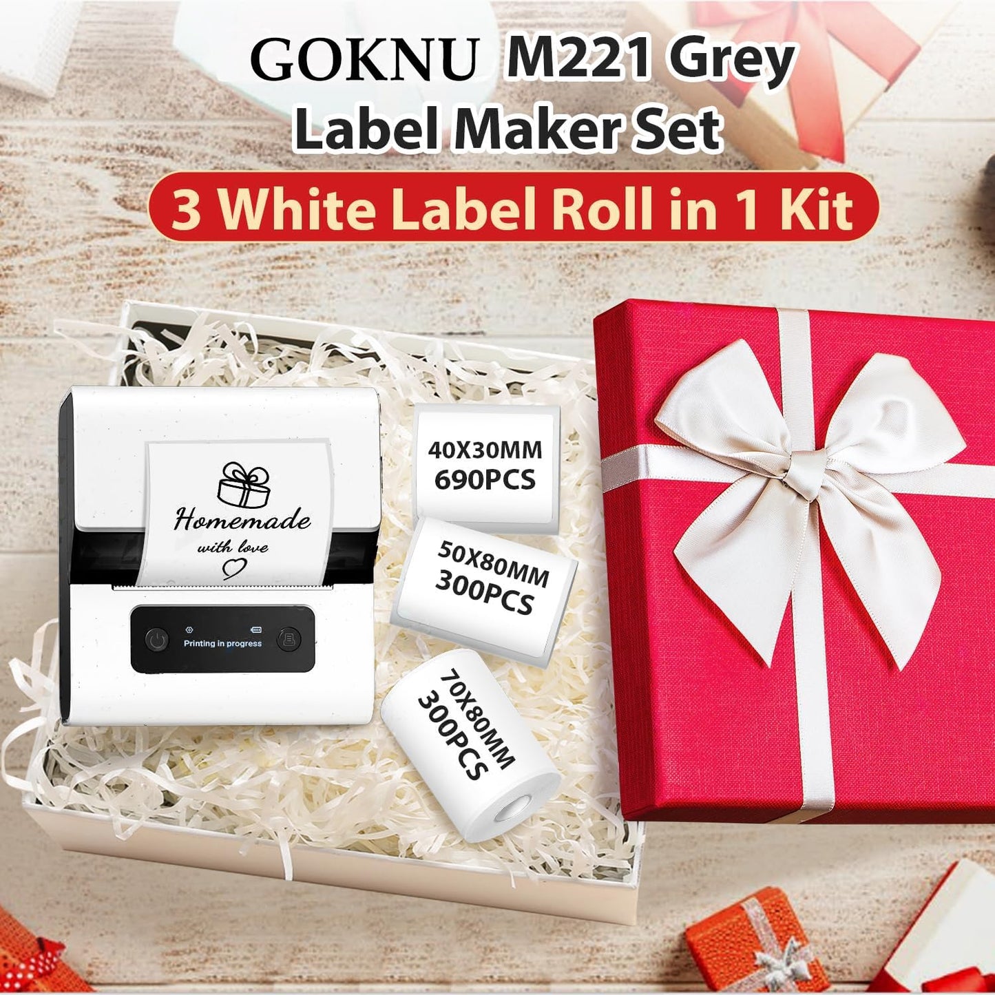 Goknu M221 Address Label Maker, Barcode Label Printer, Bluetooth Thermal Label Printer for Address, Small Business, Crafts, Clothing, Easy to Intall, with 3 Roll Paper Set